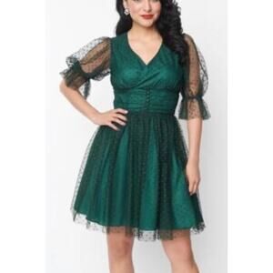 Unique Vintage Dark Green Clip Dot Tulle Baby Doll Dress 1X NWOT